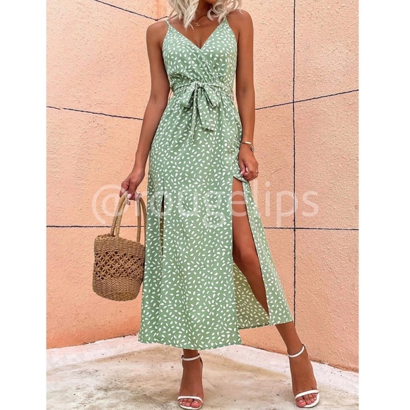 Green Spotted Print Long Dress V-Neck Tie Belt Cami - Picture 2 of 11